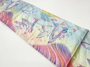 蝶に曲線模様織出し袋帯